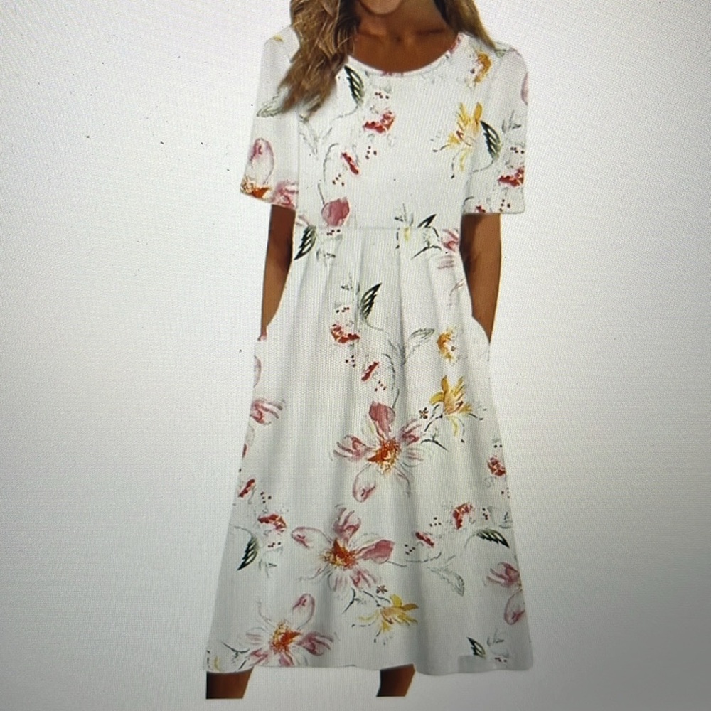Womens XXL Dress Short Sleeve Floral Midi Dress Casual Summer Loose White NWOT